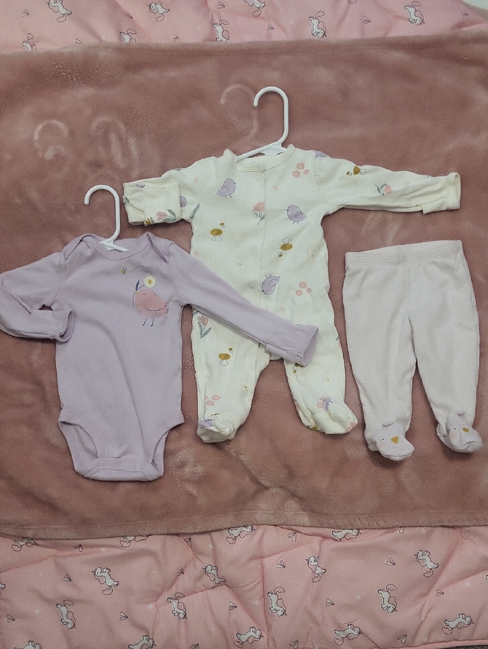 Baby Girls 3-Piece One-Piece & Footed Pant Set in Lavender and Cream